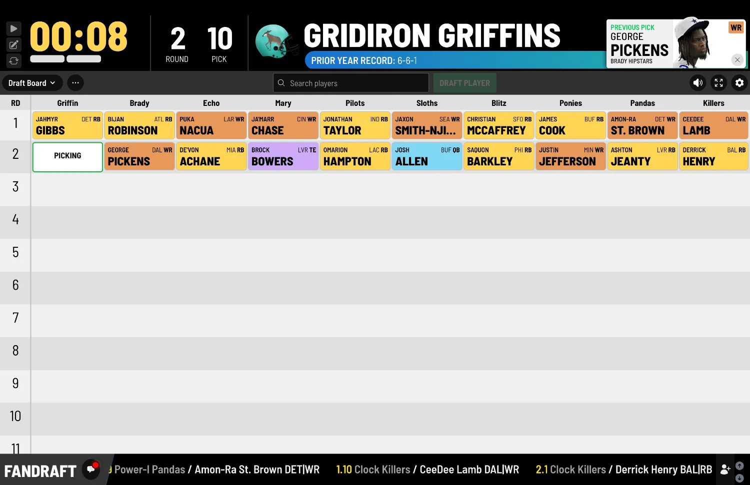 The FanDraft live fantasy football draft board