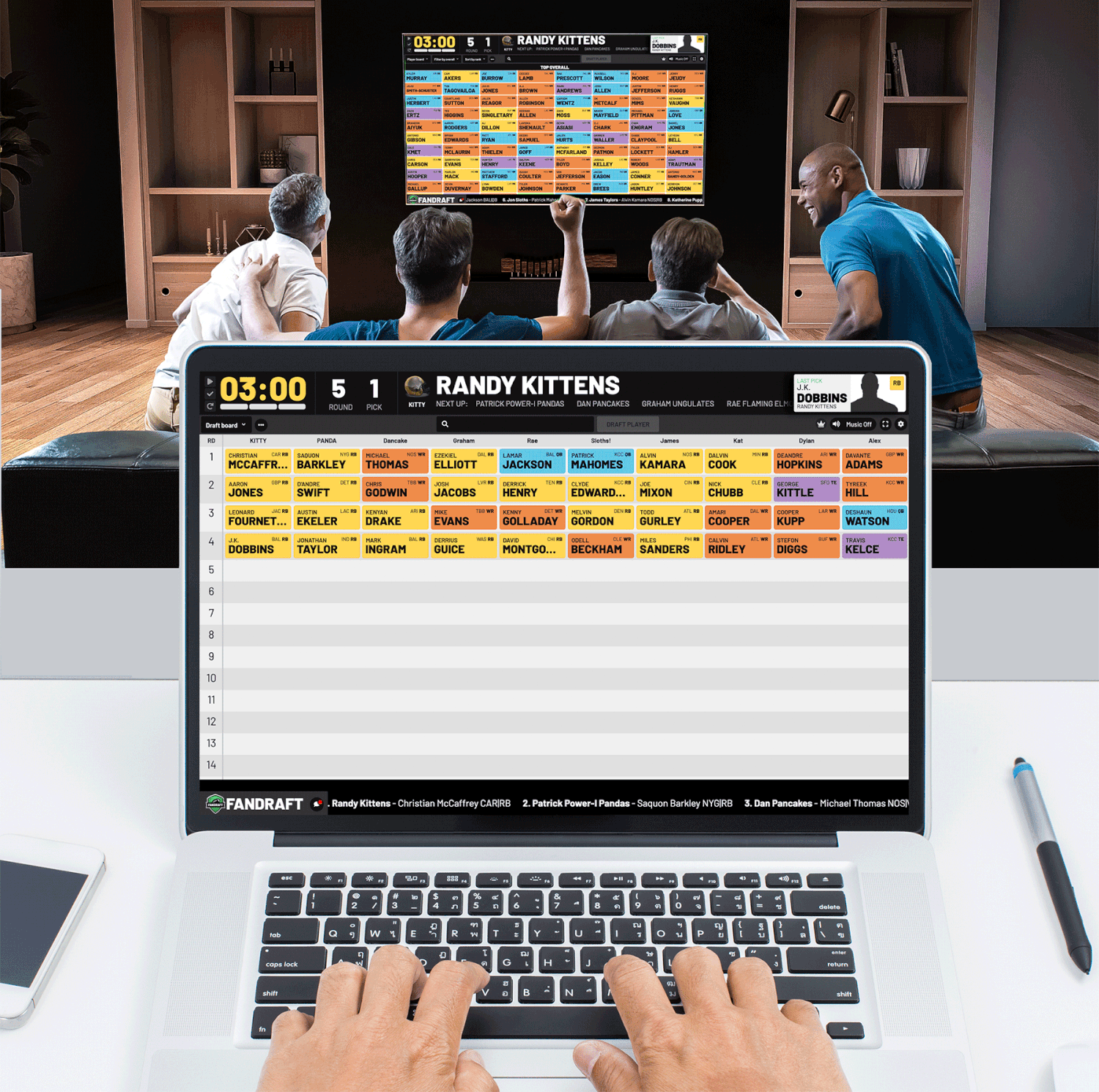 The FanDraft online fantasy football draft board on screen