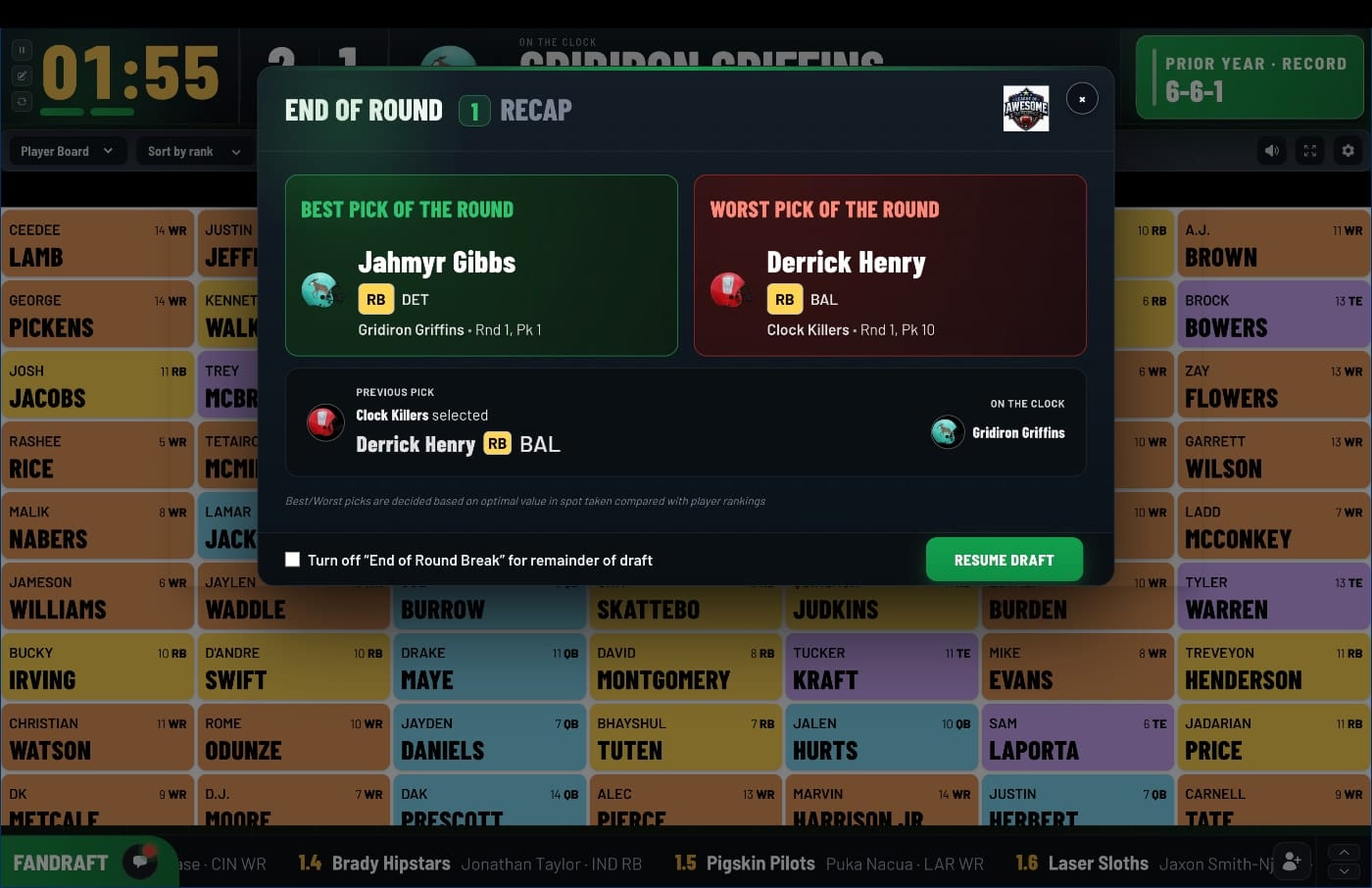 FanDraft fantasy football end of round summary recap showing best and worst picks of the round
