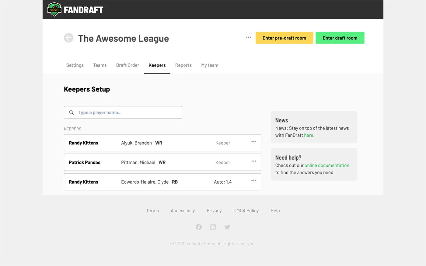 FanDraft — Keeper Setup