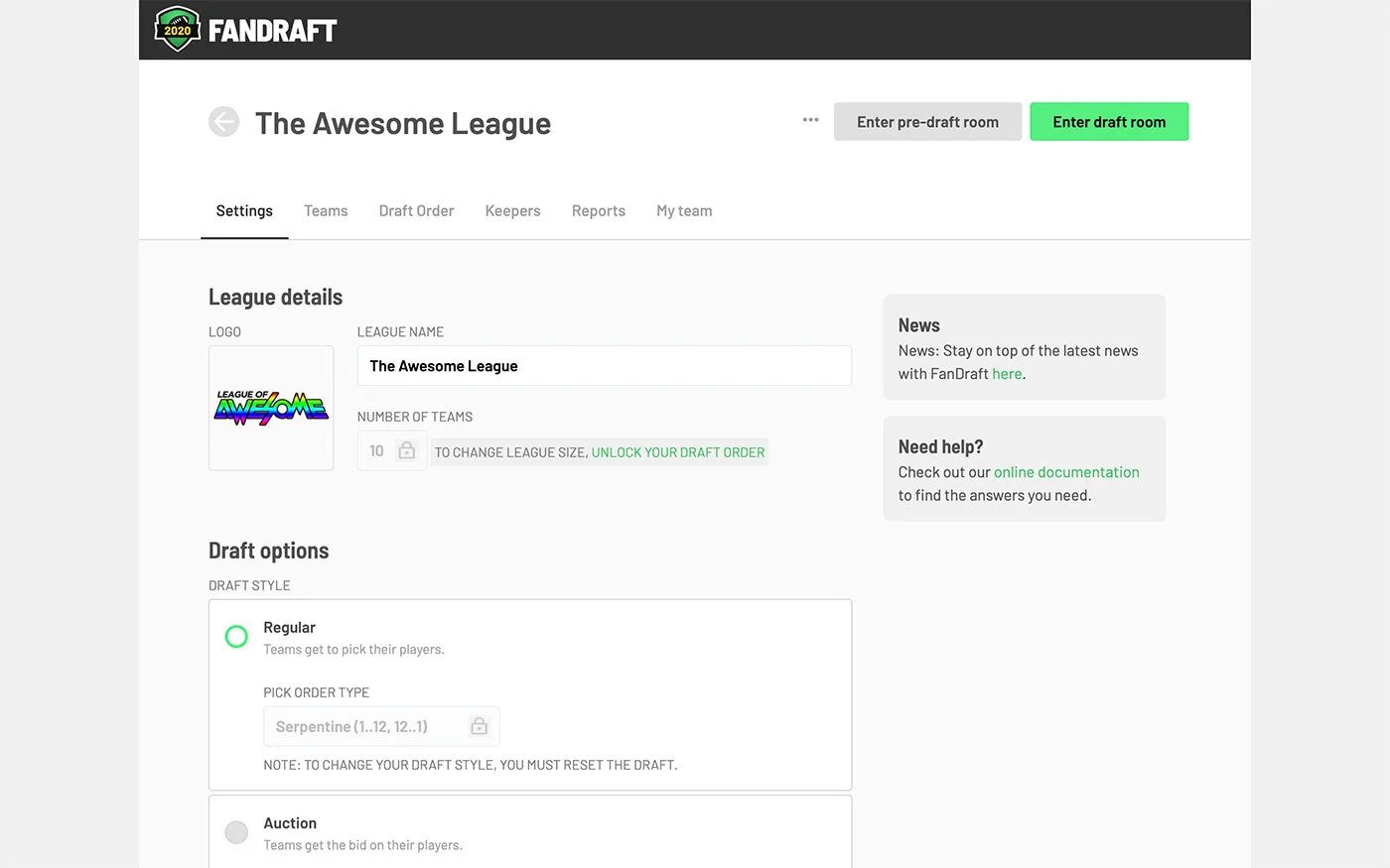 FanDraft — League Setup
