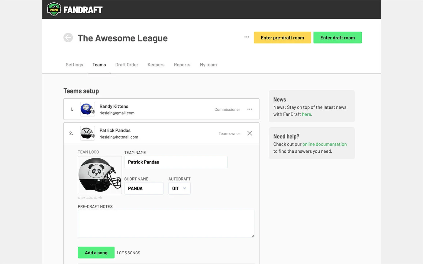 FanDraft — Team Setup